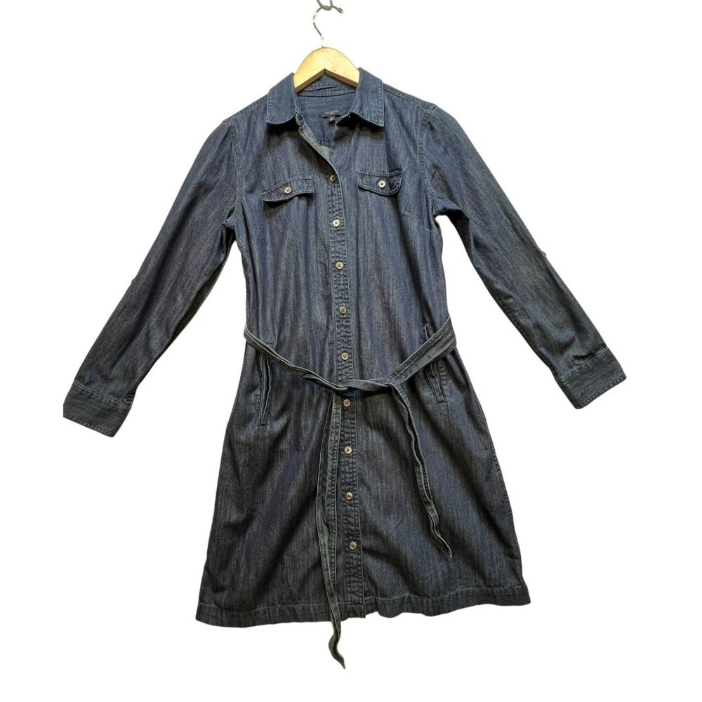 Talbots Womens Button-Down Belted Shirtdress 8P Blue Denim Long Sleeve Belted